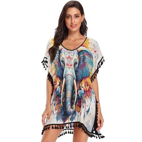 Cool Elephant Pattern Art Women's Beach Cover Up Chiffon Tassel Swimwear Swimsuit Coverups for Girl