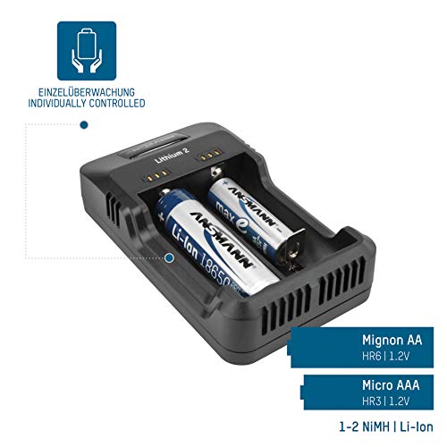 Ansmann Caricatore Lithium 2 Per 1-2 Batterie Li-Ion Nimh - Caricabatterie Con Led Per Pile Sigaretta Elettronica Con 3.7V - Caricabatteria Aaa E Aa - 2