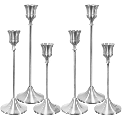 Qeiunuke Silver Vintage Metal Taper Candle Holders Set of 6 Perfect for Wedding and Housewarming Gifts Fireplace and Home Decoration