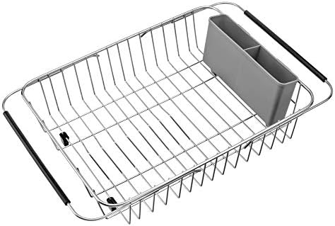 SANNO Expandable Dish Drying Rack,Dish Drainer,Dish Plate Holder Basket in Sink or On Counter with Utensil Silverware Storage Holder, Over The Sink,Rustproof Stainless Steel