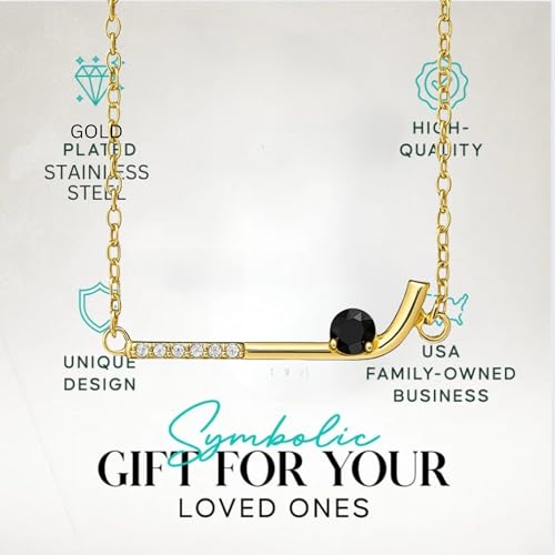 Ice Hockey Stick Necklace –Gold Hockey Jewelry with Black Stone Puck – Gifts for Hockey Players, Moms, Fans & Coaches – Adjustable Chain Sports Pendant for Women & Teens (Gold) - Thumbnail 3