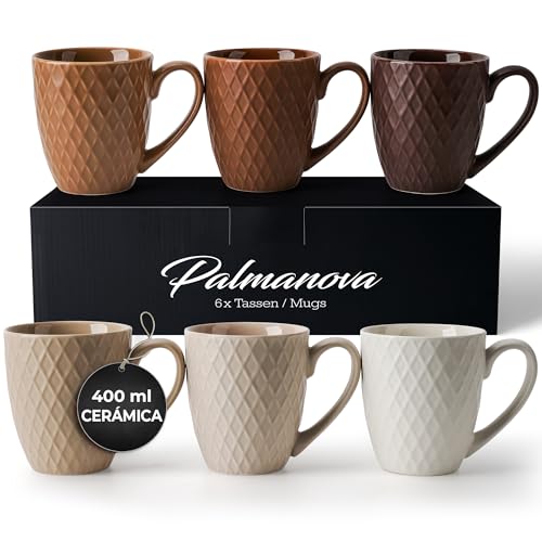 MIAMIO - 6 x 400 ml - Juego de tazas de café - Taza de cerámica moderna en mate - Taza de café grande - Colección Palmanova (Beis)