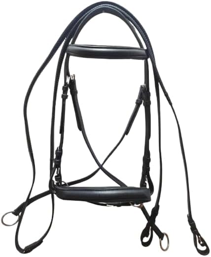 Leather English Bridle Cowhide Genuine Headstall Reins Horse Crossover Crossunder Raised Fancy Stitched Laced All Purpose Jumping Dressage Rubber Crystal Adjustable Browband Size:Full-Cob, M35