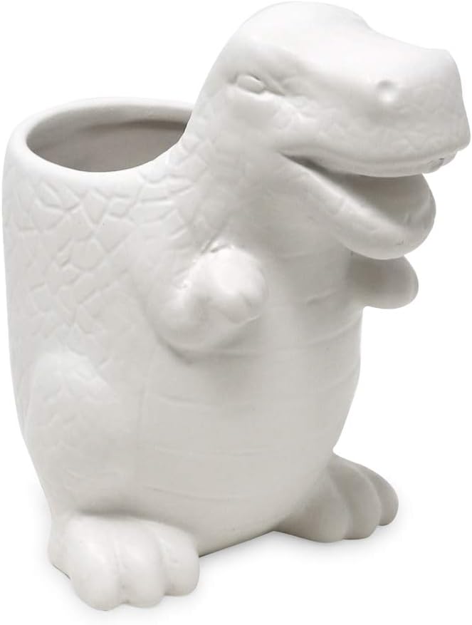 Isaac Jacobs White Ceramic Dinosaur Cup, Toothbrush Holder, Multi-Purpose Organizer, – Great for Toiletries, Bathroom, Kitchen, Crafts, Desk, Novelty Bathroom Accessory (Single Cup, White)