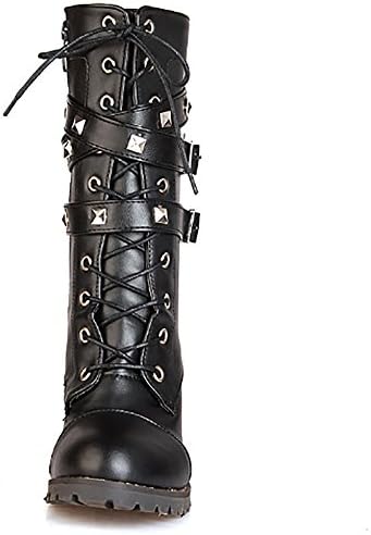 Ifantasy Fashion Women's Lace Up Ankle Booties Punk Rock Rivet Chunky Heel Leather Military Combat Boots Black, 9