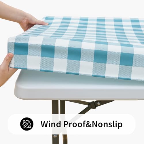 Smiry Rectangle Picnic Table Cloth, Elastic Waterproof Fitted Vinyl Tablecloths, Flannel Backed Buffalo Plaid Table Covers for Dining, Camping, Outdoor (White and Aqua, 30" x 60") by Smiry - Used condition - Image 2
