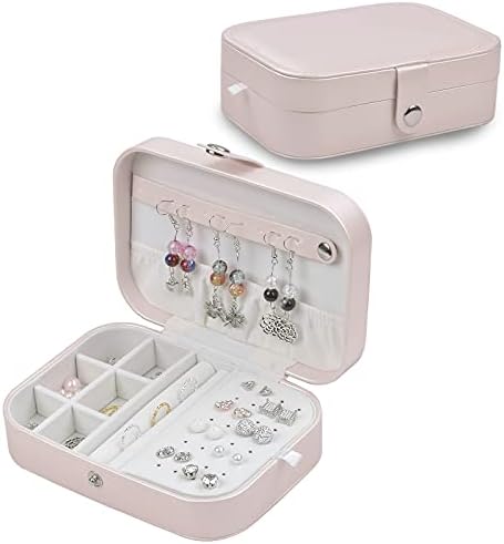Jewellery Box Organiser, Small Jewellery Storage Case, Faux Leather Jewellery Gift Box with Lock, Portable Travel Jewellery Organiser for Earrings Bracelets Rings Necklace Girls Women (Pink)