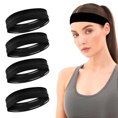 WeddHuis 4 Unidades Cinta de Pelo Elástica Ancha para Mujer Diadema Deportiva de Tela Suave (Negro)