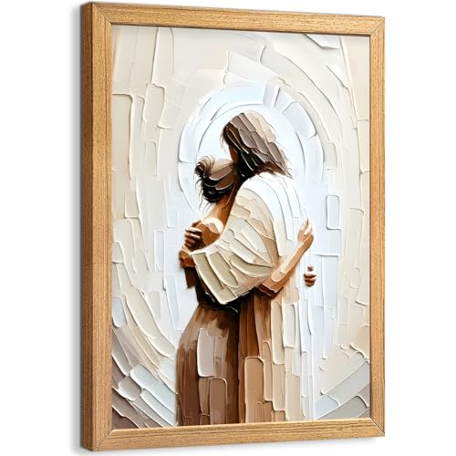 Wood Framed Jesus Embracing Woman Canvas Wall Art Christian Painting