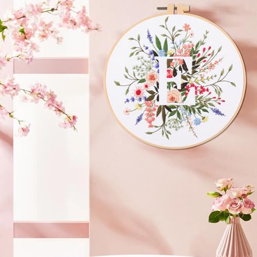 Image of IUHUI Embroidery Kit for Beginners Adults - 26 Floral Letters Easy Patterns, DIY Hand Stitching Embroidery Set with Hoop (Flower and Grass Letter E)