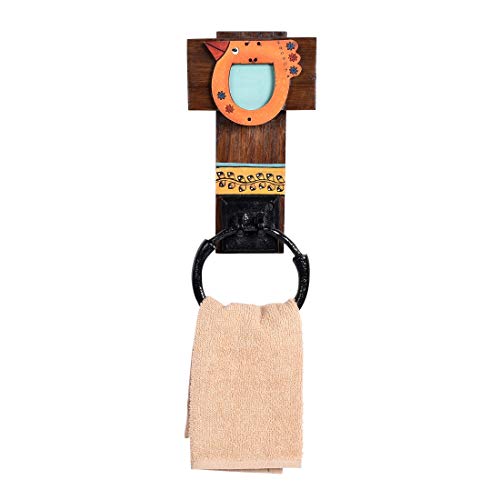 Image of Aakriti Art Creations Floral Art Wooden Towel Holder | Handcrafted Wooden | Matte Finish Natural Brown Wall Mounted Towel Holder for Bath & Wash Area