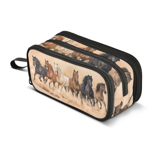 Image of Running Horse Big Capacity Pencil Case 3 Compartment Pen Bag Pouch Holder Box for Office College School Portable Storage Bag for Kids