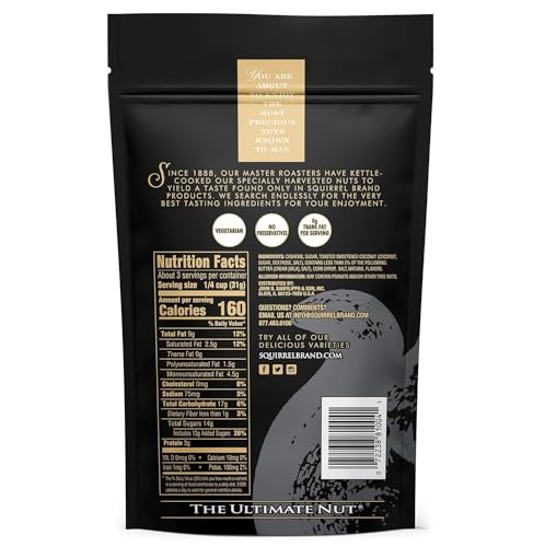 Image of SQUIRREL BRAND Caramel Toasted Colada Cashews 3.5 oz Resealable Bag with sweet toasted coconut, natural flavors (Pack of 6)