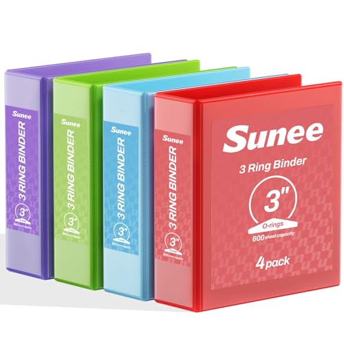 SUNEE 3 Inch Binders 3 Ring 4 Pack 3 Large Classic 4-Color Binder Set (8.5x11 Inches) for Office School or Home Supplies
