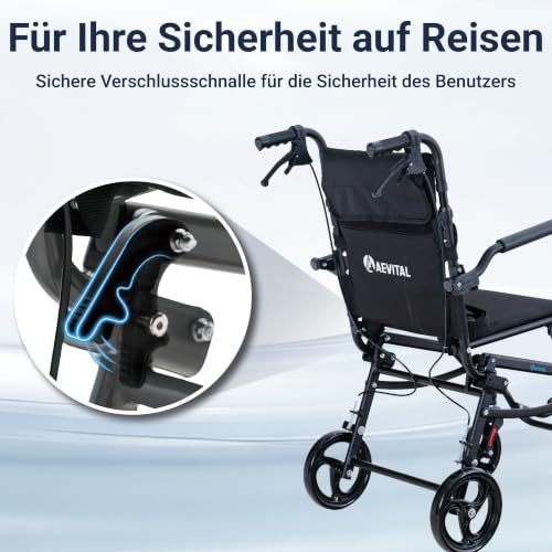 Rollstuhl Faltbar Leicht, Schmaler Transportrollstuhl mit Verstellbarer Höhe, Ergonomischen Griffen und 360° Rädern, Geeignet für Wohnung und Unterwegs (Schwarz)
