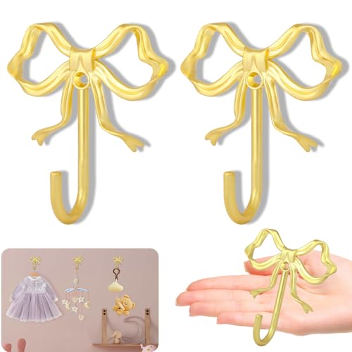 XHIPY 2Pcs Large Size Gold Bow Wall Hook, Gold Coat Hook, Metal Hook, Bow Room Decor Hooks for Coats, Coffee Mugs, Hats, Bags, Bath Towels and Room Decorations