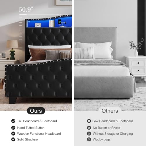 Uteeran Upholstered King Size Bed Frame with LED Lights & Charger, Black - image 8