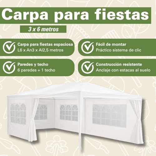 Pabellón de jardín Kinzo carpa blanca para bodas y comuniones con 6 paredes de 3x6m 3