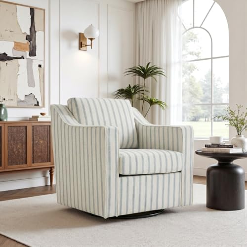 Qatiby Swivel Accent Chair, 360° Swivel Upholstered Club Armchairs for Living Room, Comfy Fabric Single Sofa Reading Chair with Deep Seat, Metal Swivel Base, Pinstripe Light Blue