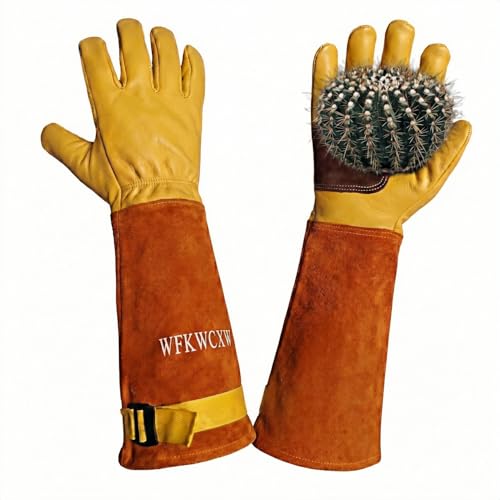 wfkwcxw Gardening Gloves for Rose and Cactus Handling,Cow Leather Garden Gloves Thorn Proof,Gardening Gifts for Womens/Mens (Yellow, Small)