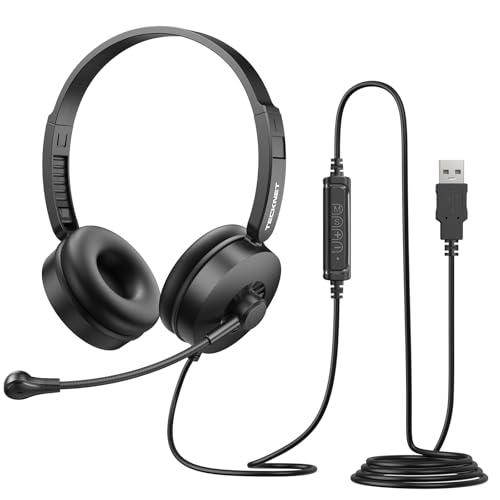 TECKNET Headset mit Mikrofon USB Headset kabelgebundenes PC-Headset 2 0 m langes Kabel Stereo-Kopfhörer für Skype Teams-Meetings Call-Center Büroanrufe und Online-Konferenzen