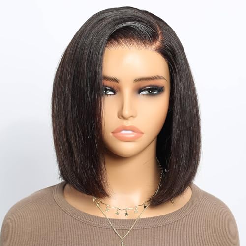 Pelucas Mujer Pelo Natural Humano Ready to Go Glueless wig 200% Density Brazilian Virgin Human Hair Pre Cut 5x6 Lace Front Wigs Upgraded Bleached Knots Bob Natural Black Color