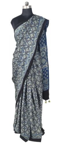 Image of Ethnics of Kutch Womenss Ajrakh Modal Silk Natural Dye Hand Block Print Saree with Blouse Piece - 5.5 Mtr Length (Indigo 09501A)