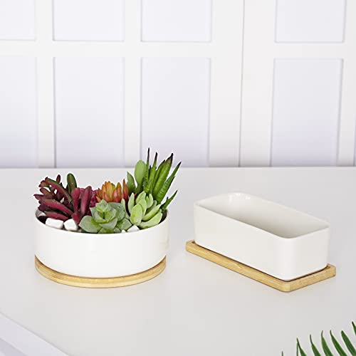 Fengson Succulent Pots, White Ceramic Flower Succulent Planters Pot With Bamboo Tray, 1 Rectangle Flower Pot + 1 Round Flower Pot 6.5" Drainage Hole For Cactus Herb Home #TOP4