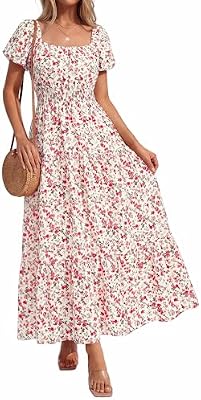 BTFBM Summer Dress for Women, Floral Smocked Maxi with Pockets, Casual Short Sleeve A-Line Flowy