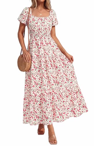 BTFBM Summer Dress for Women, Floral Smocked Maxi with Pockets, Casual Short Sleeve A-Line Flowy