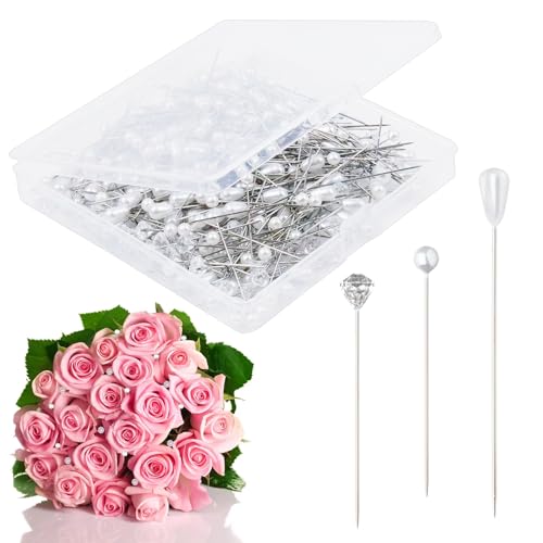 300 PCS Floral Pins for Bouquet 3 Styles Pearl Diamond Boutonniere Pins Craft Wedding Corsage Accessories with 1 Box for Dressmaking Sewing Jewelry Flower Decoration