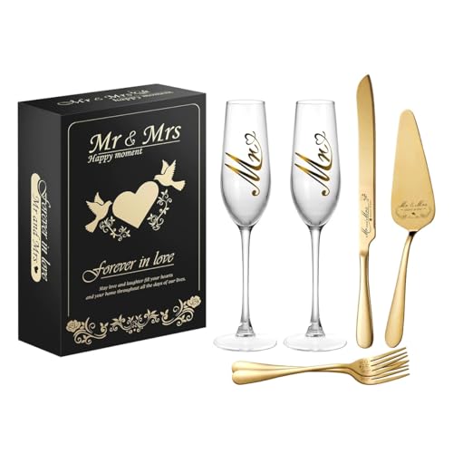 Recopilación de Copas de champán tulipán del mes. 49 Juego de Copas de Champán y Cuchillo para Pastel de Boda, Set de Servidor para Corte de Pastel, Regalo de Compromiso (6, Dorado)