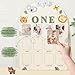 Wild Photo Board Jungle Animals Birthday Party Decorations Wooden Board 12 Monthly Milestone Picture Frame One Year Old 1st Birthday Banner for Baby Boy Girl Keepsake Gift Supplies (Fit 2x2.8in Pic)
