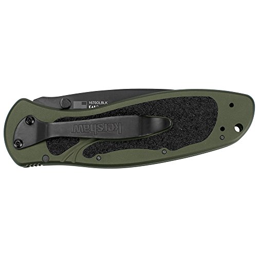 Kershaw Blur, Olive/Black Pocket Knife (1670Olblk); 3.4” Black Cerakote Coated 14C28N Steel Blade, Olive Anodized Aluminum Handle, Black Trac-Tec Inserts, Speedsafe Opening #TOP3