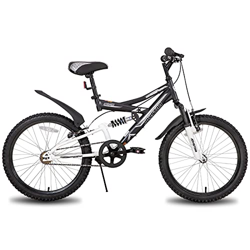 JOYSTAR Contender Bicicleta de montaña infantil de 20 pulgadas para niños y niñas de 7 a 13 años, con marco de acero con suspensión completa y tracción de 1 velocidad con soporte, color negro
