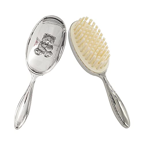 Image of Silver Plated Keepsake Cute Bear Baby Hair Brush for Toddler Girl or Boy with Curly and Thick Hair, for Wet or Dry Newborn Infant Hair, Soft Bristle That Won't Shed, Gift Box Package for Gift Giving
