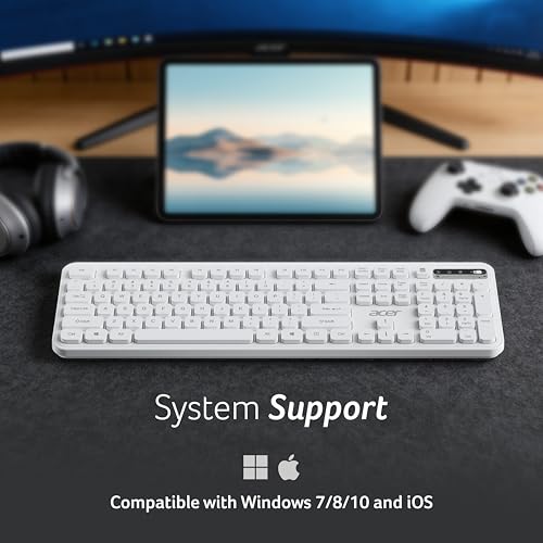 Image of Acer SoftKey Pro Wireless Keyboard | 2.4GHz USB Connectivity | Full-Size 108-Key Layout with Numeric Keypad | Silent Round Keys | Slim Minimalist Design | Windows & iOS | White | AAA Battery Included