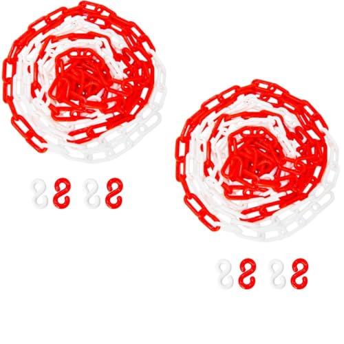 Berry 10 Meter 8MM Plastic Chain - Red and White, Highly Visible Plastic Barrier Chain with 4 Connectable Hooks, Durable Safety Chain for Crowd Control, Construction Sites, and Hazardous Areas - 2 Pcs