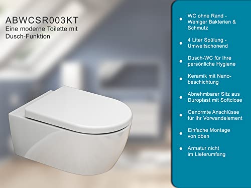 SSWW | Dusch-WC inkl. Softclose Toilettensitz, spülrandlose Taharet Toilette, Toilette mit Bidet-Funktion | 54,5 cm lang - 5