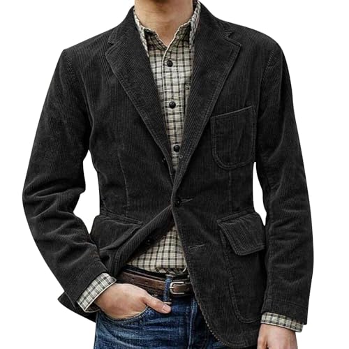 Image of Men's Vintage Cord Lapel Jacket: Winter Cord Blazer Elegant Solid Color Cord Lapel Pocket Softshell Jacket with Chest Pocket Casual Jacket for Weddings, Banquets, Proms, black, 3XL