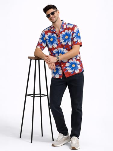 Image of Veirdo Men's Printed Camp Collar Shirt, Oversized Fit, Short Sleeve Casual Resort Wear, Button-Down Summer Shirt for Men, Cotton Fabric (Sizes S to 2XL)