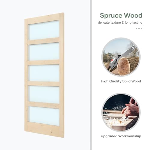 ROYMELO 36x84 inch Glass Sliding Barn Door Slab with 6.6ft Hardware Kit and Handle, 5-Panel Frosted Glass, Wood Color, Support DIY Dyeing, Easy Assembly