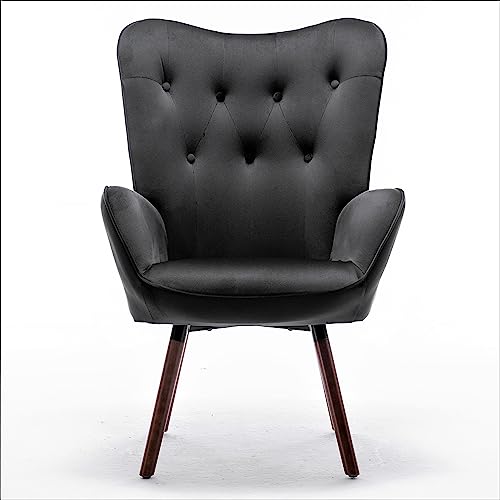 Container Furniture Direct Chic Accent Arm Chairs for Living Room, Bedroom, or Home Office, Button-Tufted Midcentury Armchair with Wingback Design and Splayed Legs, Black by Container Furniture Direct - Image 7