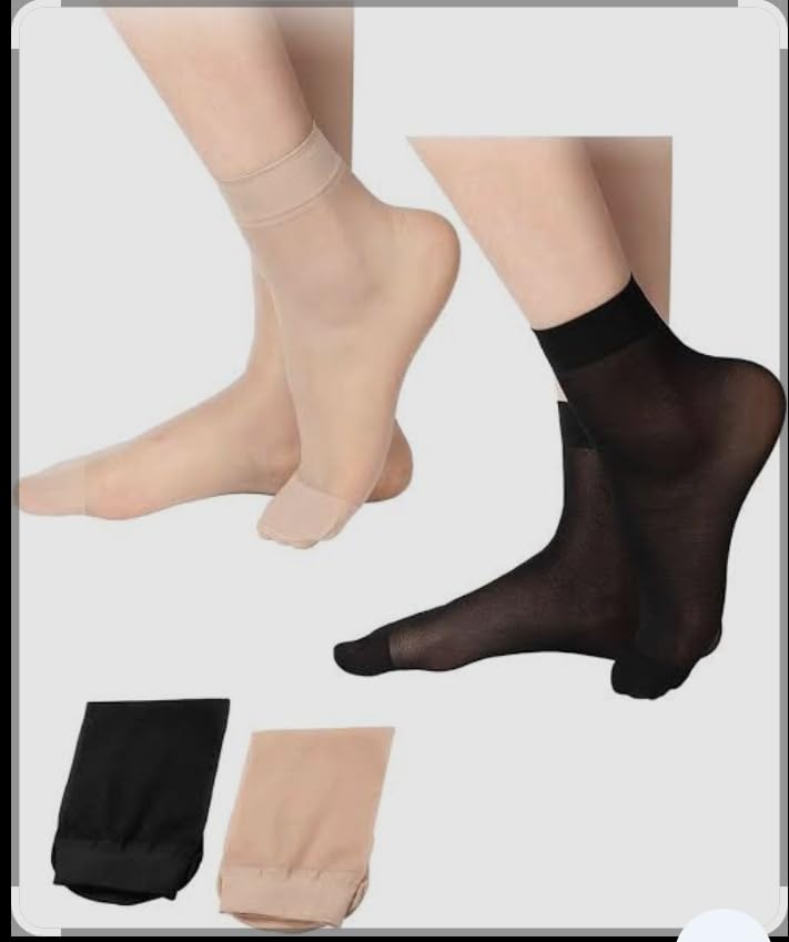Ultra-Thin Transparent Nylon Ankle Length Socks for Women and Girls, Summer Stockings, Black and Beige, Pack of 4 Pairs-image-25