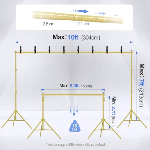 EMART Backdrop Stand 10x7ft(WxH) Photo Studio Adjustable Background Stand Support kit with 2 Crossbars, 8 Clamps, 2 Sandbags and Carry Bag for Parties, Events Decoration, Wedding -Titanium Gold by EMART - Image 2