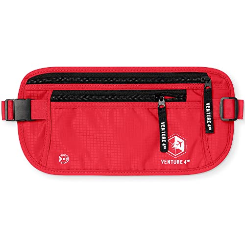 VENTURE 4TH Travel Money Belt - Slim Passport Holder RFID Blocking Travel Pouch to Protect Cash, Credit Cards and Travel Documents (Red)