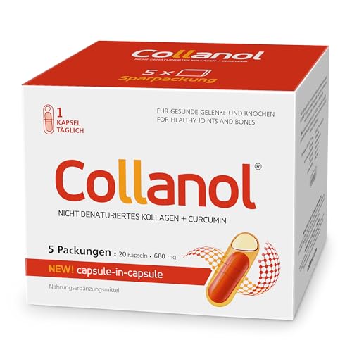 Collanol – Innovation in der Pflege gesunder Gelenke Flüssige Formel in einer Doppelkapsel 3D- Kollagen + Mizell-Extrakt von Curcumawurzeln 1 Kapsel/Tag. Laborgeprüft (100 Kapseln)