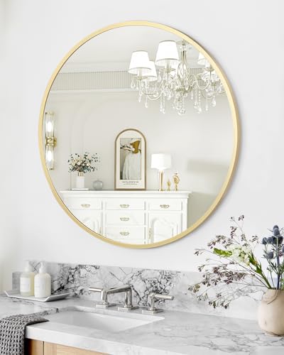 GAOMON Espejo redondo, espejo circular de 32 pulgadas, marco de metal dorado para pared, espejo redondo de baño para decoración de pared, espejo de pared redondo para entrada, sala de estar, comedor,