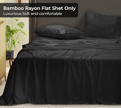 Image of Royale Linens Bamboo Viscose Full Flat Sheets Only - Cooling Sheets - Organic Viscose Derived from Bamboo - Full Size Flat Sheet Only - Top Sheet - Breathable & Silky Bedding (Full, Black)