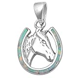 Lab created Opal Horse in Horse Shoe Good Luck .925 Sterling Silver Pendant COLORS AVAILABLE (Lab Created White Opal)